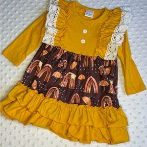 Girls  Mustard Yellow Rainbow Pumpkins and Umbrellas Ruffled Dress